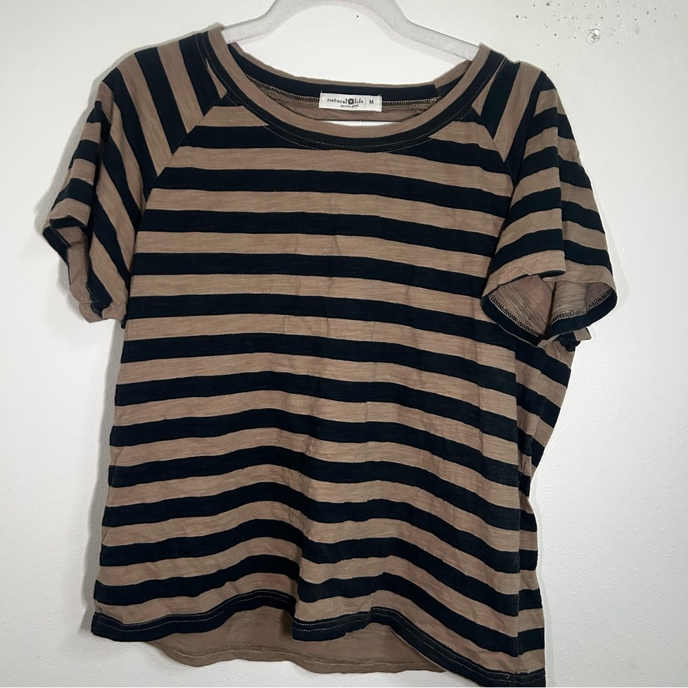 NATURAL LIFE Black and Brown Striped Short Sleeve Top